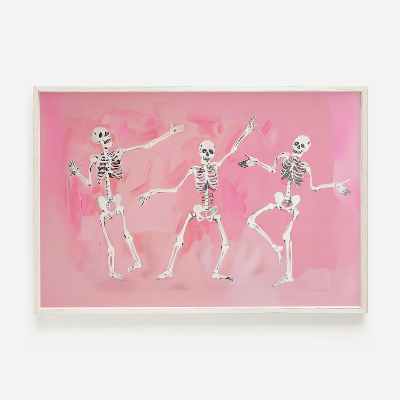 May include: Three white skeletons dancing on a pink background. The skeletons are in various poses, with their arms and legs outstretched. The background is a light pink with brushstrokes.