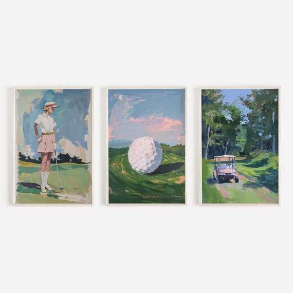 Retro Golf Aesthetic Print Set of 3, Golf Gallery Wall, Vintage Style Artwork, 1960s Golf Fashion, Pink Hued Golf Print Set, Girly Golf Art