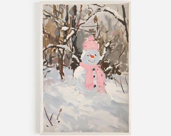 Snowman in Pink Gear Wall Art, Scarf and Hat on Snowman, Winter Scenery, Cozy Girly Decor, Christmas Artwork, Pink Snowman Printable
