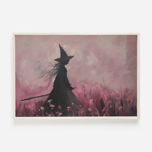 May include: A silhouette of a witch in a pointed hat walking through a field of pink flowers. The background is a soft pink and purple.
