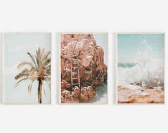 Summer Tropical Print Set of 3, Palm Tree, Crashing Waves, Rocky Cove, Vertical Print Set, Tropical Decor Poster, 3 Piece Print Set,Boho Art