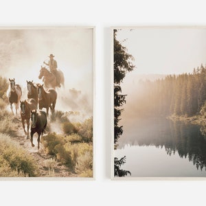 Cowboy Print Set, Set of 2 Prints, Western Decor, Forest Lake Photo, Horse Herd Wall Art, Western Print Set