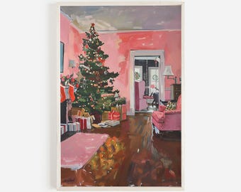 Christmas Morning Printable, Pink Holiday Artwork, Christmas Tree Poster, Decorated Tree Print, Warm Cozy Holiday Scene, Girly Christmas Art