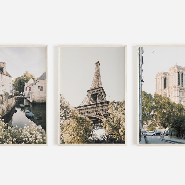 Paris Wall Art, Set of 3 Prints, Bayeux Wall Art, Notre Dame, Eiffel Tower, French Architecture, 3 Piece Print Set