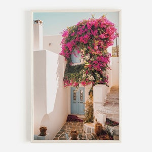 Fotografía de Grecia, Arte de la pared de Santorini, Impresión de arte de Bougainvillea, Arte de la pared mediterránea, Impresión de la isla griega, Impresión descargable, Arte pastel