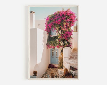 Greece Photography, Santorini Wall Art, Bougainvillea Art Print, Mediterranean Wall Art, Greek Island Print, Downloadable Print, Pastel Art