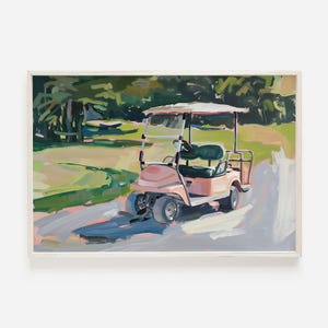 ガーリーなピンクのゴルフカートのプリント、ヴィンテージの油絵、レトロなゴルフのアートワーク、ゴルフのデジタルプリント、ピンクのゴルフの美学、ゴルフの絵画、ゴルフカートのアート