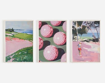Coastal Golf Set of 3, Pink Golf Aesthetic, Golf Ball Poster, Woman Playing Golf, Seaside Country Club, Pink Toned Artwork, Retro Set 3