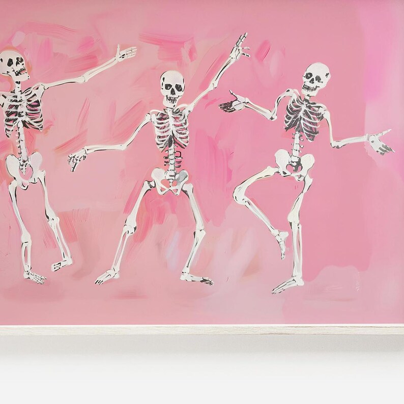 May include: Three white skeletons dancing on a pink background. The skeletons are drawn in a simple style with black lines and are posed in a playful and energetic way.
