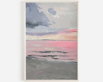 Pink Beach Sunset Print, Hand Painted Wall Art, Coastal Home Decor, Pastel Beach Poster, Gray Pink Wall Art, Beach Waves Poster, Sunset Art