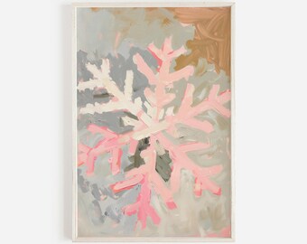Pink Snowflake Artwork, Vintage Style Painting, Pink Winter Aesthetic, Girly Holiday Art, Brushstroke Artwork, Snowflake Digital Art