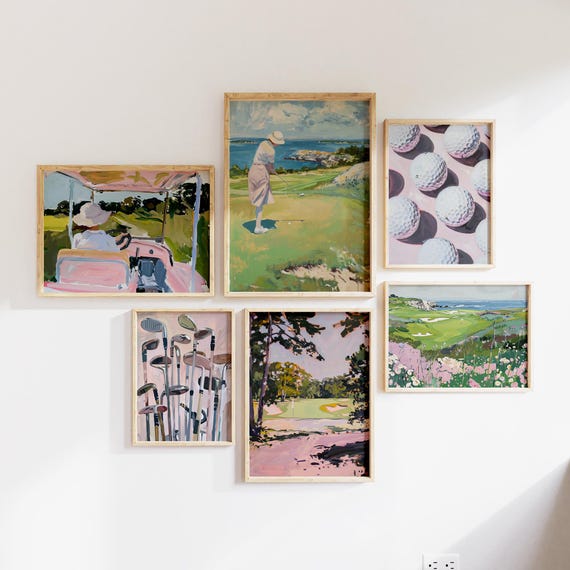 Vintage Golf Aesthetic Print Set of 6, 1960s Women Golfing, Coastal Golf Posters, Pink Hued Wall Art, Oil Style Painting, Girly Golf Artwork