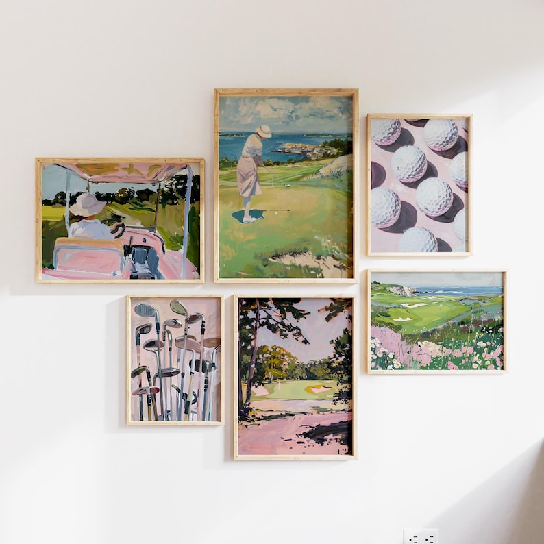 May include: A collection of six framed golf-themed art prints. The prints feature golf courses, golf balls, and golfers in action. The color palette includes greens, pinks, and blues, creating a cohesive aesthetic for wall decor.
