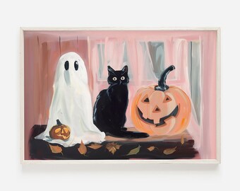 Cute Ghost And Cat Print, Best Friends Halloween Art, Spooky Jack O Lantern Poster, Girly Halloween Decor, Trendy Aesthetic, Colorful Fall