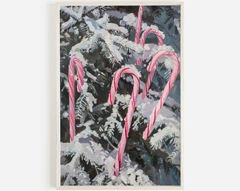 Pink Candy Canes on Snowy Tree Print, Girly Xmas Decor, Pink Christmas Artwork, Brushstroke Painting, Vintage Style Art, Coquette Xmas Art