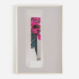 Estampado floral de Grecia, Foto de buganvilla, Impresión de arquitectura, Floral de buganvilla, Decoración boho de Grecia, Arte de pared de buganvilla, Foto de Grecia