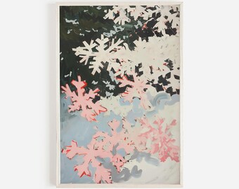 Snowflakes in Winter Print, Pink Snowflake Artwork, Abstract Winter Decor, Vintage Style Art, Brushstroke Painting, Cold Snowflake Print