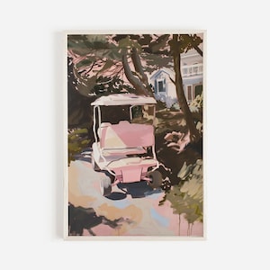 ガーリーなゴルフカートの南部プリント、ゴルフカートの絵画、ヴィンテージゴルフの装飾、ピンク色のゴルフアートワーク、南部ゴルフポスター、ガーリーなゴルフカートアート
