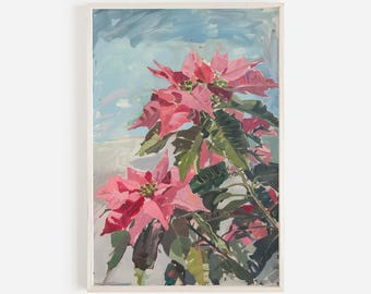 Christmas Poinsettia Flowers Print, Floral Holiday Decor, Vintage Style Art, Bright Poinsettia Flowers, Girly Aesthetic, Pink Holiday Art
