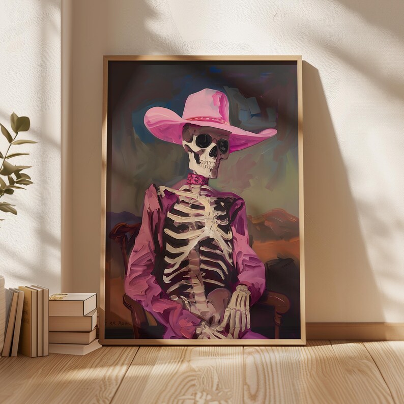 May include: A painting of a skeleton wearing a pink cowboy hat and a pink shirt. The skeleton is sitting in a chair with its hands folded in its lap. The background is a dark blue and purple.