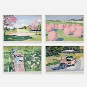 Zestaw 4 różowych nadruków Country Club, wystrój golfowy w stylu vintage, kwiatowe plakaty golfowe, krajobrazy pól golfowych, nadruk wózka golfowego, poziome dzieła sztuki