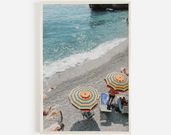 Arte imprimible de Cinque Terre, impresión de playa de Italia, fotografía de la Riviera italiana, cartel de sombrilla de playa, paisaje de arte costero de Cinque Terre