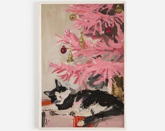 Cat Sleeping Under Christmas Tree Print, Pink Holiday Decor, Cozy Coquette Scene, Cat Under Pink Tree Art, Brushstroke Artwork