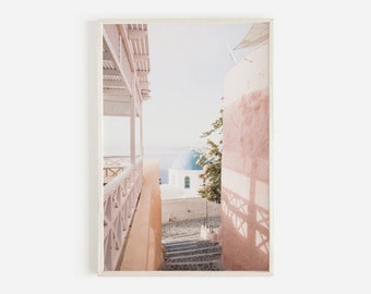 Greece Wall Art, Pink Santorini Print, Pastel Wall Art, Santorini Buildings, Greek Architecture, Coastal Greece Town, Downloadable Print