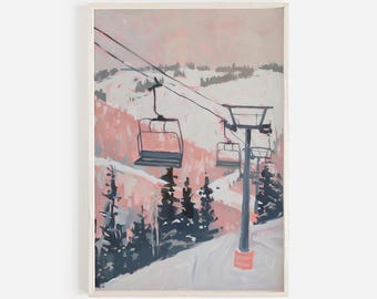 Snowy Utah Ski Lift Wall Art, Pink Aesthetic, Girly Winter Decor, Ski Lift Painting, Pink Slopes Poster, Utah Home Decor, Winter In Utah