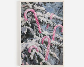 Pink Candy Canes on Christmas Tree Print, Girly Home Decor, Holiday Printable Art, Pink Aesthetic, Girly Christmas Artwork, Pink Holiday Art