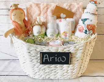 Organic Mermaid Baby Gift Basket, Personalize Name, Girl Baby Shower Basket, Coming Home Baby Shower Gift, Office Baby Shower Gift Basket