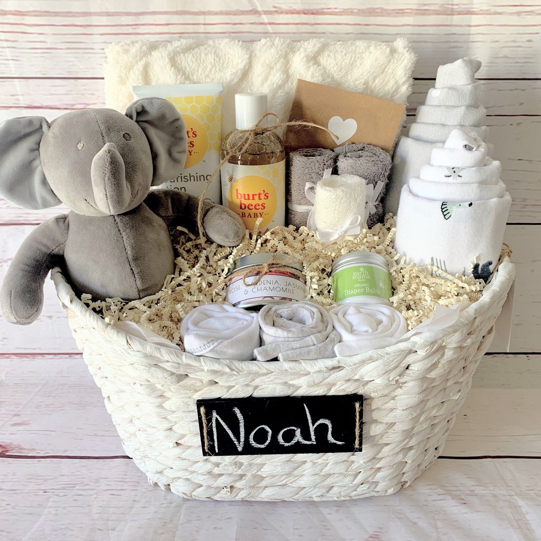 Organic Baby Gift Basket, Personalize Name, Gender Neutral Baby Basket ...