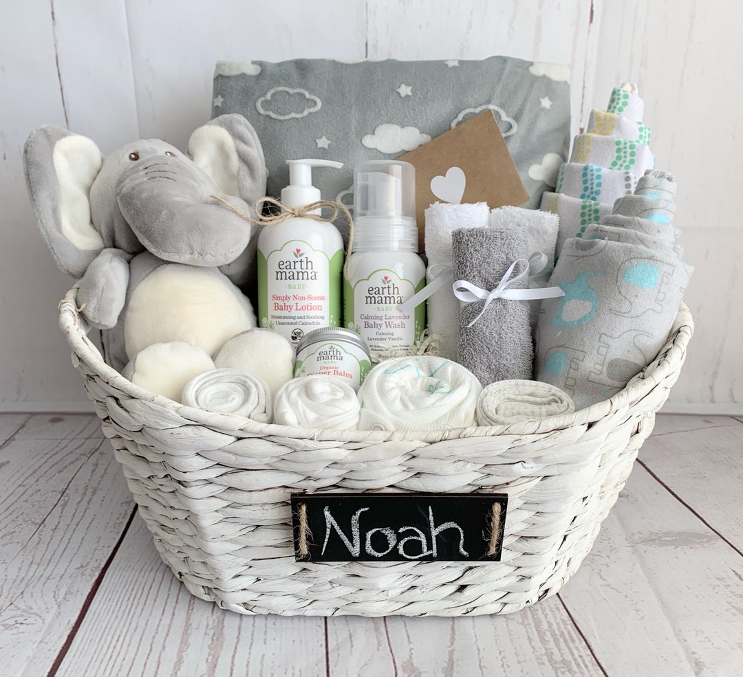 Organic Baby Gift Basket, Personalize Name, Gender Neutral Baby Basket ...
