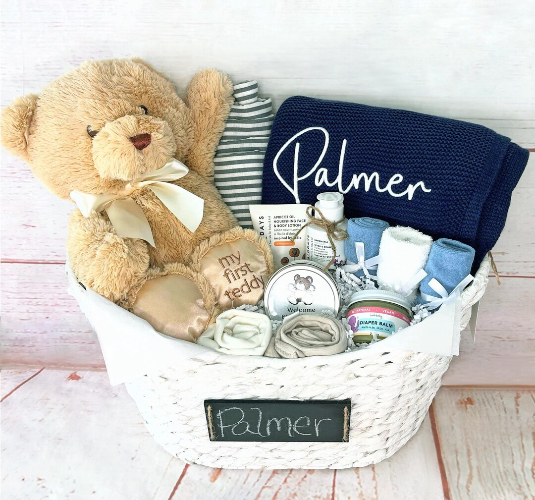 Organic Teddy Bear Baby Gift Basket With Personalized Organic Knitted ...