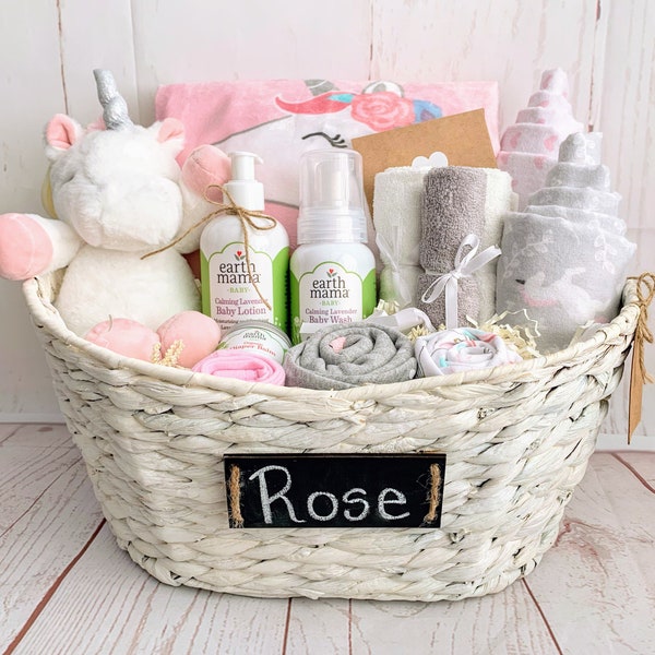 Organic Unicorn Baby Gift Basket, Personalize Name, Girl Baby Shower Basket, Coming Home Baby Shower Gift, Office Baby Shower Gift Basket