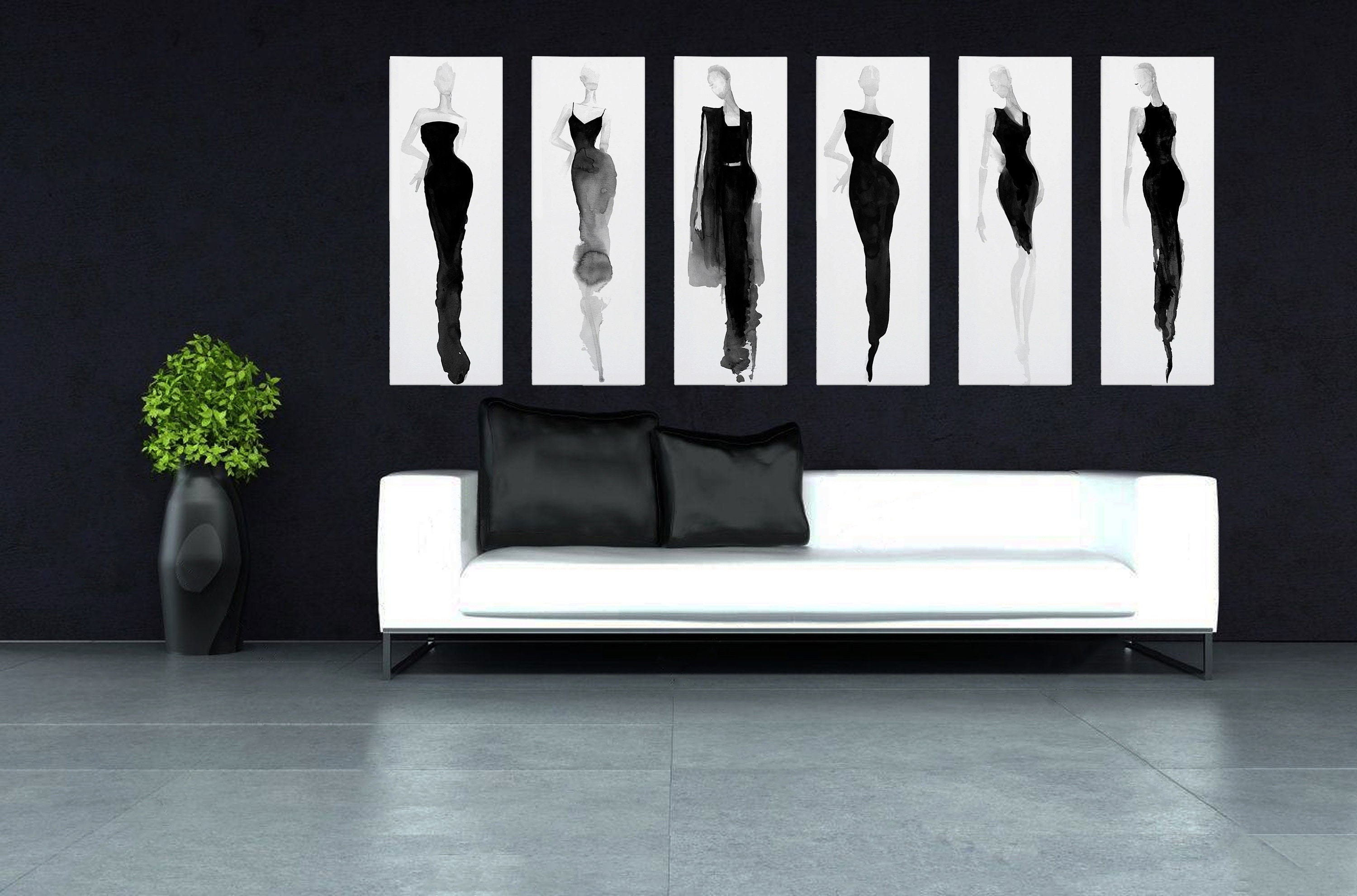 Canvas Set Of Six 12x36 12x36 Large Fashion Wall Art Black Etsy