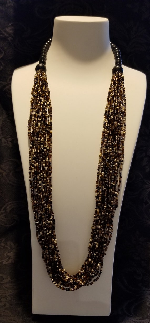 On Sale Metal Free Boho Chic Black and Gold Toned Bead Single Strand Necklace with Oval Lucite Pendant 32 inch Necklace Costume Jewelry