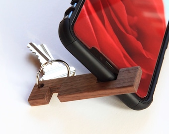 Hardwood Phone Stand Keyring: Pocket-Sized Cell Holder, Key Chain Made in USA