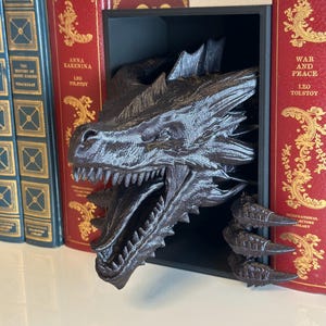 3D Printed Black Diamond Dragon Awakening Book Nook: Fantasy Bookshelf Decor