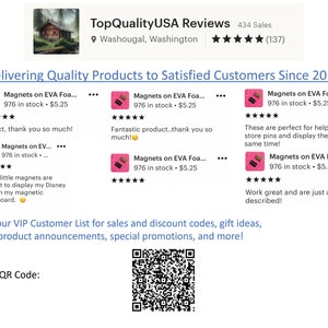 May include: A screenshot of a website with customer reviews for magnets. The website has a pink and black color scheme and features a QR code. The text on the website reads "TopQualityUSA Reviews 434 Sales Washougal, Washington (137) Delivering Quality Products to Satisfied Customers Since 2019 Magnets on EVA Foa... 976 in stock. $5.25 Perfect, thank you so much! Magnets on EV... 976 in stock.... These little magnets are perfect to display my Disney pins on my magnetic chalkboard. Magnets on EVA Foa... 976 in stock $5.25 Fantastic product..thank you so much! Magnets on EVA Foa... 976 in stock $5.25 Magnets on EVA Foa... 976 in stock $5.25 These are perfect for helping me store pins and display them at the same time! Magnets on EVA Foa... 976 in stock $5.25 Work great and are just as described! Join our VIP Customer List for sales and discount codes, gift ideas, new product announcements, special promotions, and more! Scan QR Code: ..."