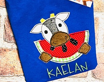 Personalized Boys Summer Short Outfit with Cow eating watermelon shirt custom kids outfit