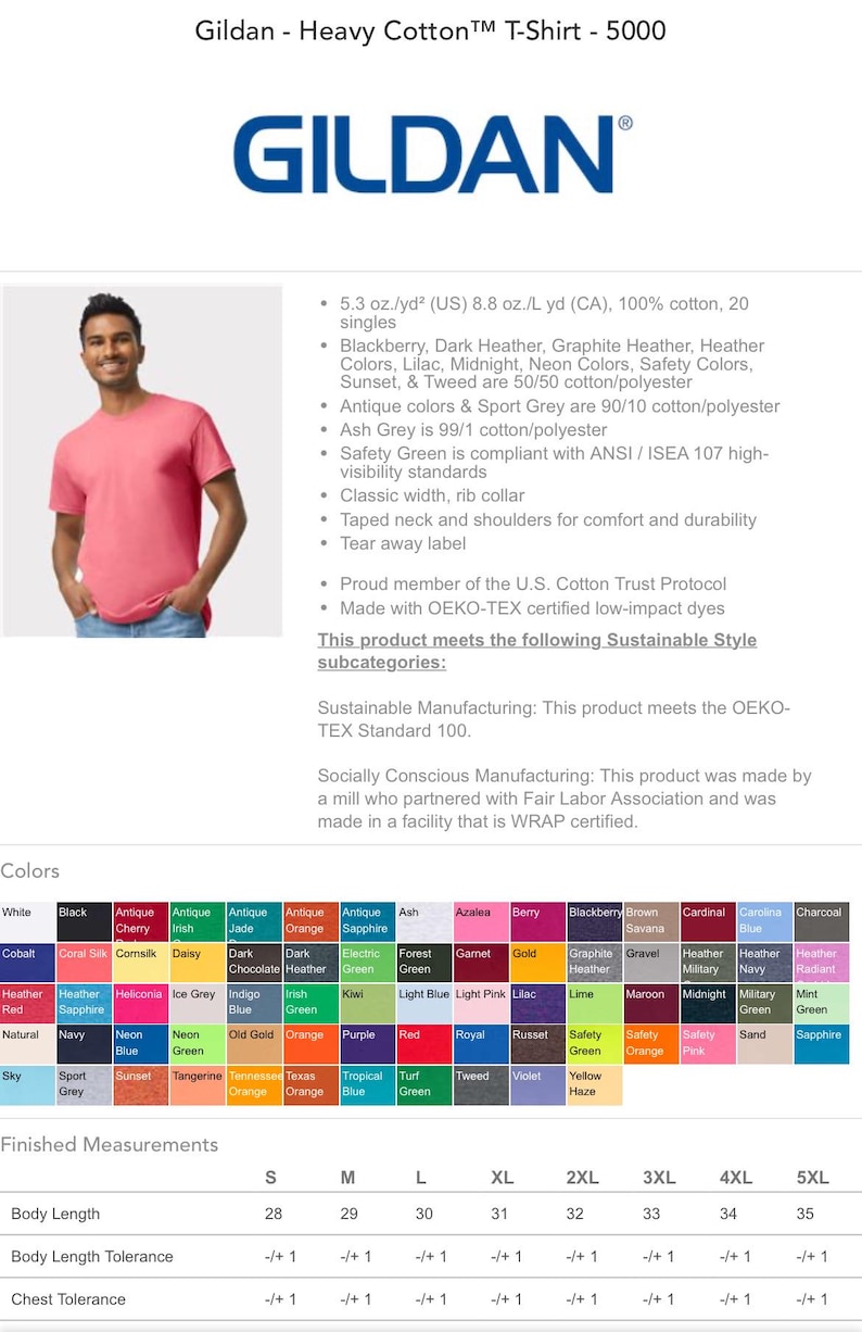 Peut inclure: Un tableau pr&eacute;sentant les options de couleur pour un t-shirt Gildan Heavy Cotton. Le tableau comprend une vari&eacute;t&eacute; de couleurs, notamment le blanc, le noir, le rouge, le bleu, le vert et le jaune. Le tableau indique &eacute;galement les tailles disponibles pour le t-shirt, qui vont du S au 5XL. Le tableau comprend &eacute;galement le texte "GILDAN" en grande police.