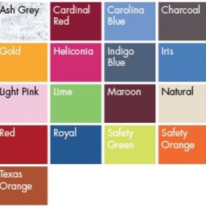 May include: A color chart featuring a grid of color swatches, each labeled with a color name. Colors include white, black, ash grey, cardinal red, carolina blue, charcoal, cherry red, daisy, dark chocolate, forest green, gold, and more.
