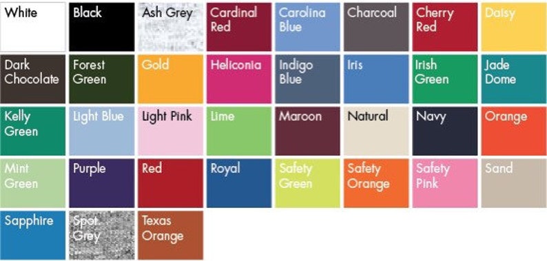 May include: A color chart featuring a grid of color swatches, each labeled with a color name. Colors include white, black, ash grey, cardinal red, carolina blue, charcoal, cherry red, daisy, dark chocolate, forest green, gold, and more.