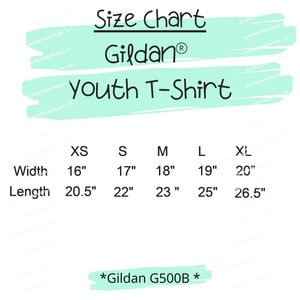 May include: Size chart for a Gildan Youth T-Shirt. Measurements are provided in inches for XS to XL sizes. Widths range from 16" to 20", and lengths from 20.5" to 26.5". The shirt model is Gildan G500B.