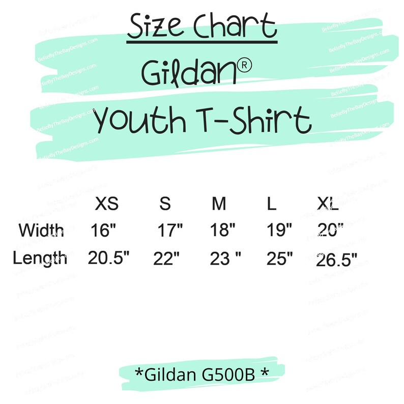 May include: Size chart for a Gildan Youth T-Shirt. Measurements are provided in inches for XS to XL sizes. Widths range from 16" to 20", and lengths from 20.5" to 26.5". The shirt model is Gildan G500B.