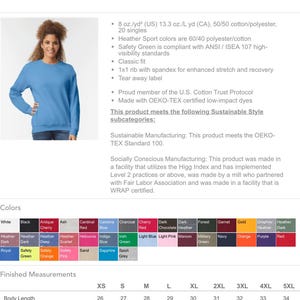 Peut inclure: Un sweat-shirt &agrave; col rond Gildan Heavy Blend de couleur bleu clair. Le sweat-shirt est compos&eacute; de 50/50 coton/polyester et est disponible en tailles XS &agrave; 5XL. L'image montre un tableau des tailles avec les mesures de la longueur du corps, de la largeur de la poitrine, de la longueur des manches et de la tol&eacute;rance.
