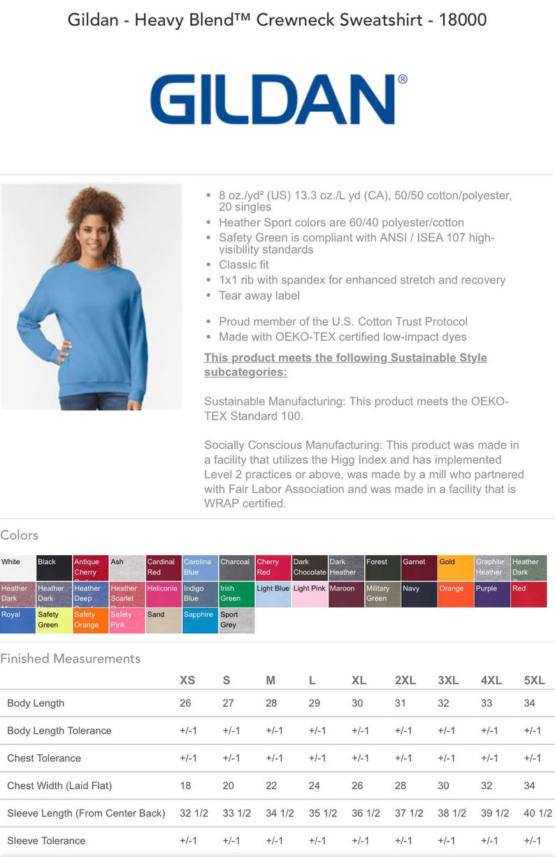 Peut inclure: Un sweat-shirt &agrave; col rond Gildan Heavy Blend de couleur bleu clair. Le sweat-shirt est compos&eacute; de 50/50 coton/polyester et est disponible en tailles XS &agrave; 5XL. L'image montre un tableau des tailles avec les mesures de la longueur du corps, de la largeur de la poitrine, de la longueur des manches et de la tol&eacute;rance.