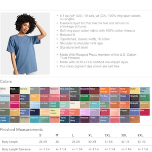 Peut inclure: Un tableau montrant les options de couleur et les mesures finies d'un t-shirt. Le tableau comprend 6,1 oz/yd&sup2; (US), 10 oz/L yd (CA), 100 % coton fil&eacute; &agrave; l'anneau, 30 simples. Les couleurs sont list&eacute;es en lignes et en colonnes. Les mesures finies sont list&eacute;es en pouces pour les tailles S, M, L, XL, 2XL, 3XL et 4XL.