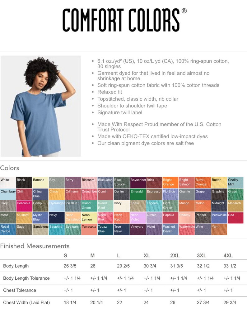 Peut inclure: Un tableau montrant les options de couleur et les mesures finies d'un t-shirt. Le tableau comprend 6,1 oz/yd&sup2; (US), 10 oz/L yd (CA), 100 % coton fil&eacute; &agrave; l'anneau, 30 simples. Les couleurs sont list&eacute;es en lignes et en colonnes. Les mesures finies sont list&eacute;es en pouces pour les tailles S, M, L, XL, 2XL, 3XL et 4XL.